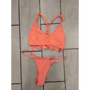 Pakaloha Coral Orange Bikini Set Lace Up V-Neck Top Thong Bottoms XL Womens